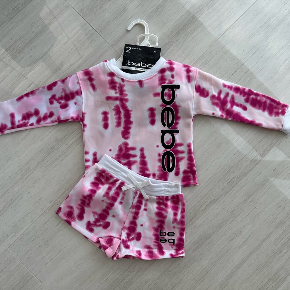 NWT BEBE SPORT GIRLS pink tie dye Sweatshirt and shorts, 2 piece set. Size 4 - Picture 2 of 8